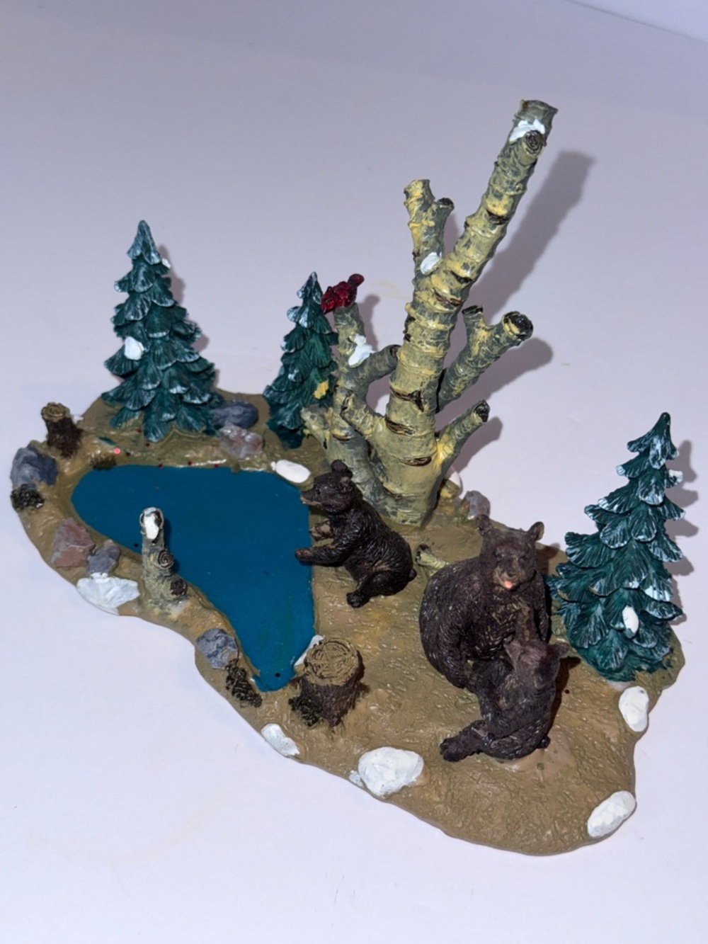 2000 Lemax Christmas Village "bears at play" birch tree pond landscape figurine - Picture 6 of 7